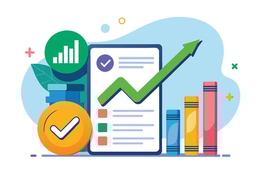 Illustration of a digital document with a green arrow pointing upward, along with checkmarks and bar graphs, representing positive growth and success. vector
