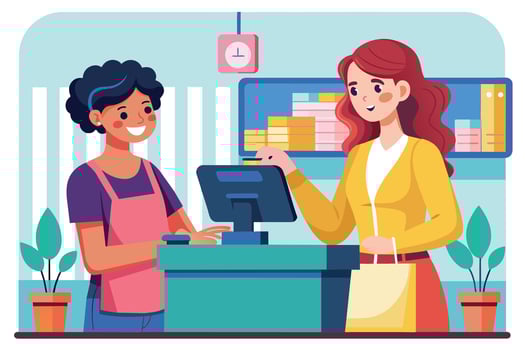 A woman is paying for her groceries at a retail store counter. She is using a credit card to pay the cashier. vector