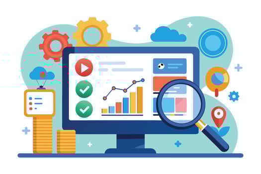 An illustration of a desktop computer with a magnifying glass, displaying data on digital marketing analytics, with graphs, charts, and check marks. vector