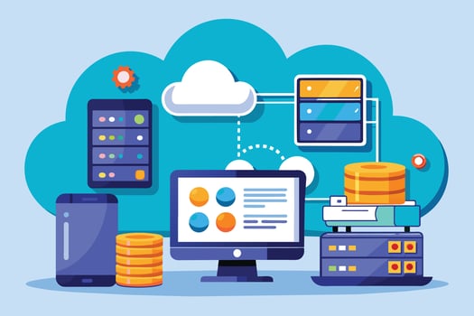 Illustration depicting several digital devices, including a desktop computer, a smartphone, and servers, connected to a cloud computing system. vector