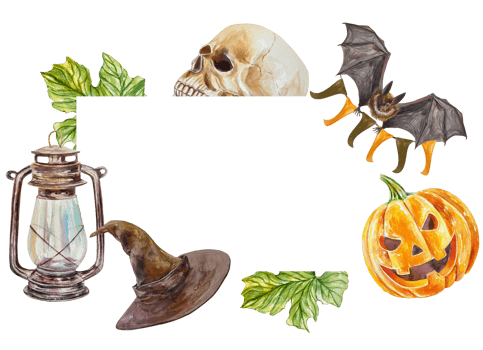 Halloween frame with skull, pumpkin, bat, hat, lamp. Hand drawn watercolor illustration. For cards, invitations, banners, flyers, covers, posters. png