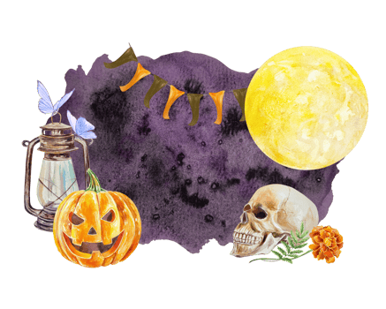 Halloween pumpkin, human skull, lamp, moths, moon, garland of flags, flower. Template for text. Hand drawn watercolor illustration. For Day of the Dead cards, invitations, covers, flyers, posters. png