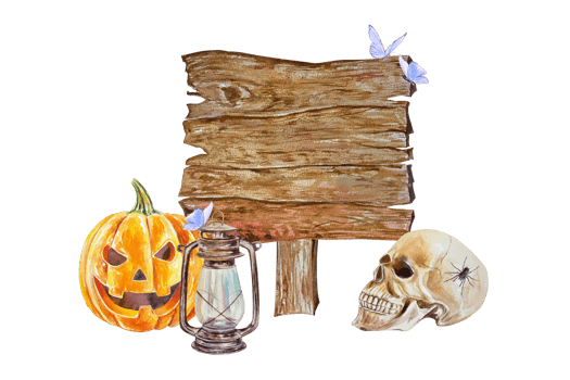 Halloween pumpkin, human skull, lamp, wooden board for text. Hand drawn watercolor illustration. For Halloween cards, invitations, covers, flyers, posters. png