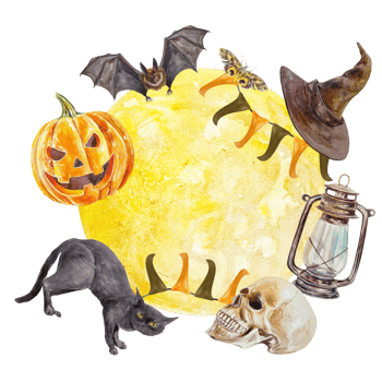 Halloween template with moon, skull, pumpkin, bat, hat, lamp, cat. Hand drawn watercolor illustration. For cards, invitations, banners, flyers, covers, posters. png