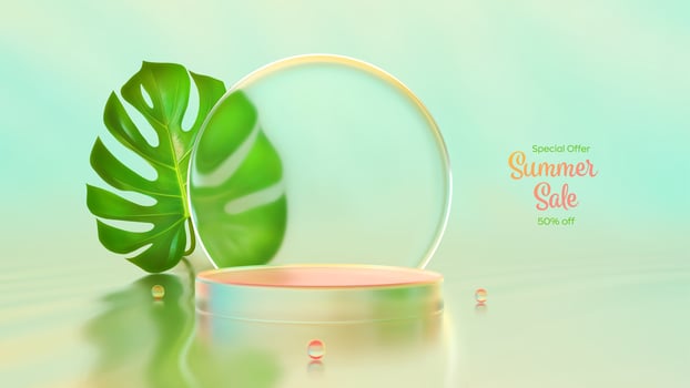 Summer product podium. Summer sale banner. Glass podium display, Show template. Pedestal for product presentation. Monstera leaf. Green leaf. Blue yellow orange pink background. illustration. vector
