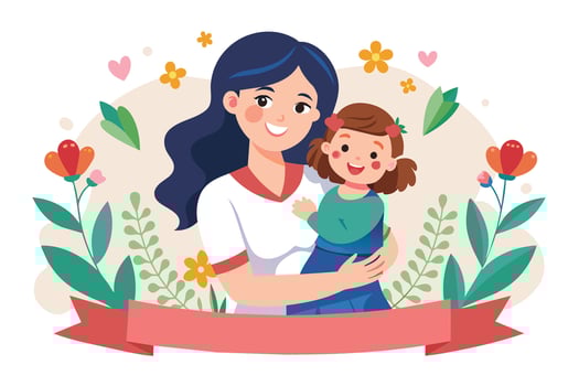 A digital illustration of a happy mother hugging her daughter, surrounded by flowers and a banner with space for text. vector