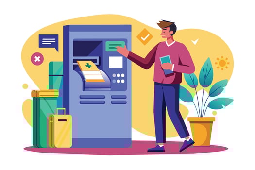 A man stands in front of an airport kiosk, using it to print his boarding pass. He is holding a passport in his other hand, ready to travel. vector