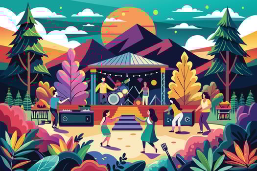 A vibrant illustration depicting a lively outdoor gathering at sunset with music playing on a stage and people dancing. vector