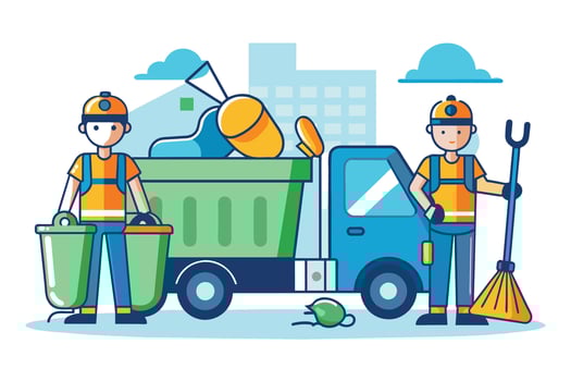 Illustration depicting two waste collection workers in yellow shirts and blue pants standing next to a blue garbage truck with green bin. vector