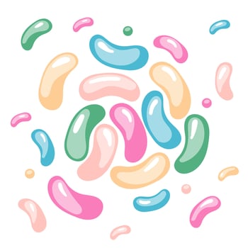 Background with images of colorful jelly beans lollipops in a cute cartoon style. vector