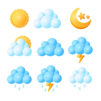 Set of weather icons, sunny, cloudy, clear at night, partly cloudy, rain, thunderstorm, snow in cute cartoon style. vector
