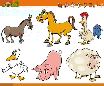 cartoon farm animals comic characters set vector