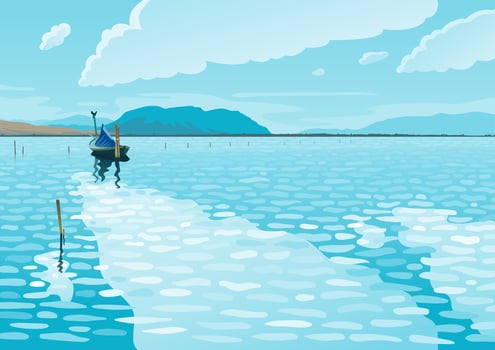 Sea landscape with a fishing boat illustration vector