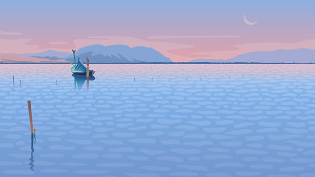 Evening sea landscape with a fishing boat illustration vector