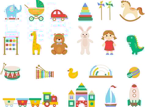 Colorful toys set bear, hare, doll, train, car, dino and others. Kids toy set. Illustration for store, shop, kindergarten, school, children's room. White background. vector