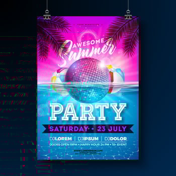 Summer Beach Party Flyer Design with Disco Ball and Beach Ball in Water and Typography on Blue and Violet Background. Summer Holiday Illustration with Exotic Palm Leaves for Banner, Flyer vector