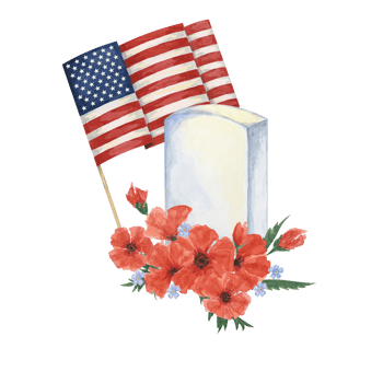 Memorial Day clipart. US flag, red poppy flower, soldiers grave, forget-me-not . Patriotic hand drawn watercolor home of the brave card, remember and honor banner, commemorative events, flyer, sale png