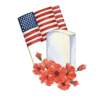 Memorial Day clipart. US flag, red poppy flower, soldiers grave, forget-me-not . Patriotic hand drawn watercolor home of the brave card, remember and honor banner, commemorative events, flyer, sale png