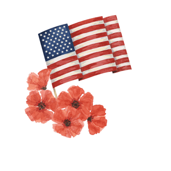 Memorial Day clipart. US flag, red poppy flower, forget-me-nots. Patriotic hand drawn watercolor home of the brave card, remember and honor banner, commemorative events, veteran salute flyer, sale png