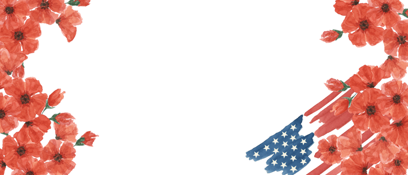 Memorial Day banner. US flag, red poppy flower, we are closed template. Hand drawn watercolor home of the brave card, remember and honor banner, web announcement, commemorative event, flyer, sale png