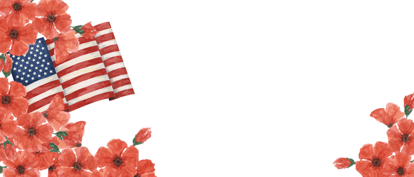 Memorial Day banner. US flag, red poppy flower, we are closed template. Hand drawn watercolor home of the brave card, remember and honor banner, web announcement, commemorative event, flyer, sale png