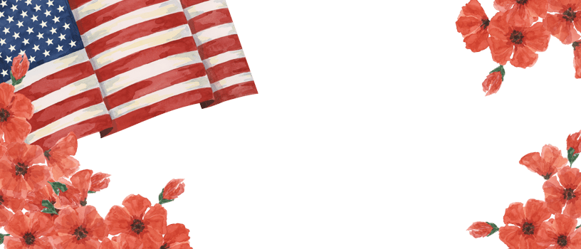 Memorial Day banner. US flag, red poppy flower, we are closed template. Hand drawn watercolor home of the brave card, remember and honor banner, web announcement, commemorative event, flyer, sale png