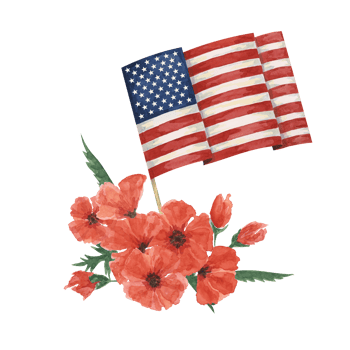 Memorial Day clipart. US flag, red poppy flower, forget-me-nots. Patriotic hand drawn watercolor home of the brave card, remember and honor banner, commemorative events, veteran salute flyer, sale png