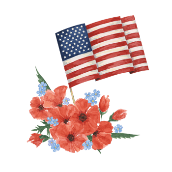 Memorial Day clipart. US flag, red poppy flower, forget-me-nots. Patriotic hand drawn watercolor home of the brave card, remember and honor banner, commemorative events, veteran salute flyer, sale png