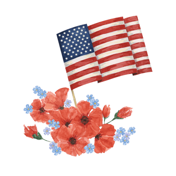 Memorial Day clipart. US flag, red poppy flower, forget-me-nots. Patriotic hand drawn watercolor home of the brave card, remember and honor banner, commemorative events, veteran salute flyer, sale png