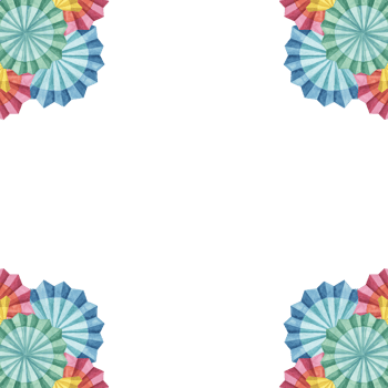 Blue, red, yellow fiesta flowers square frame. Hand drawn isolated watercolor clipart, Mexican paper fan Celebration template, Cinco de mayo design for holiday, printing, cards, posters, invitation png