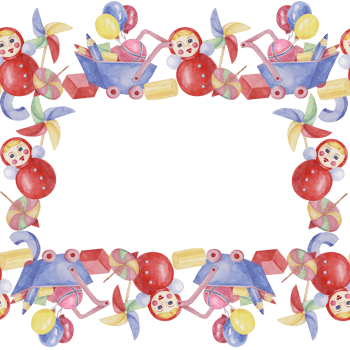Toys square frame template, doll with pinwheel, humming top, balloons, blue cart and pencils. Watercolor play objects for birthday, gender reveal, baptism, birth announcement card, playdate invitation png