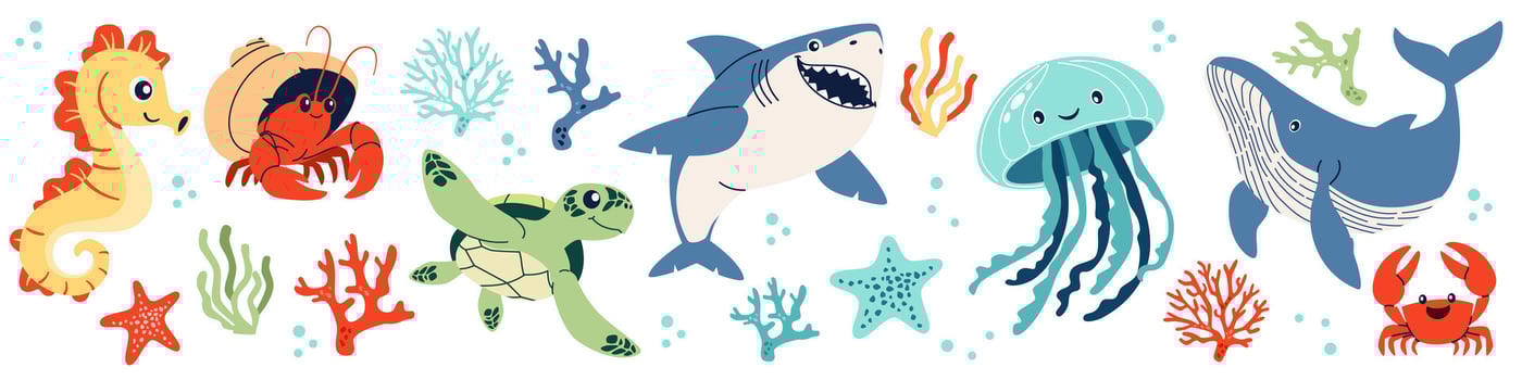 Set of flat illustrations on the theme of marine inhabitants. Cute shark crab crayfish hermit jellyfish turtle seahorse sea stars and corals. vector