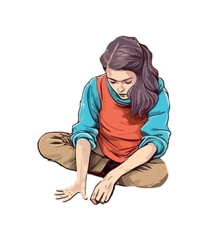 Cheerful young woman sitting icon isolated vector