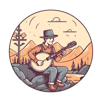 Smiling musician playing guitar in natures backdrop, isolated vector