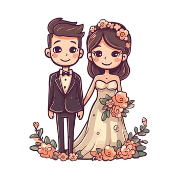 Newlywed couple in love with flowers arrangement icon isolated vector