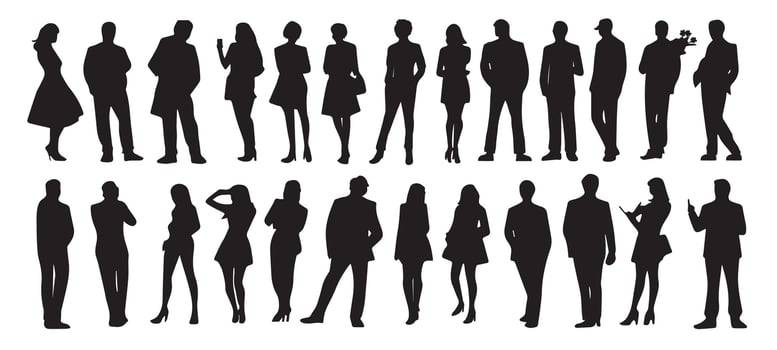 Silhouette people man and women in various poses collection. illustration vector