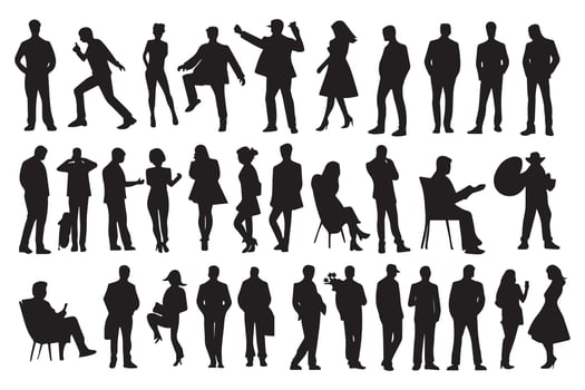 Silhouette people man and women in various poses collection. vector