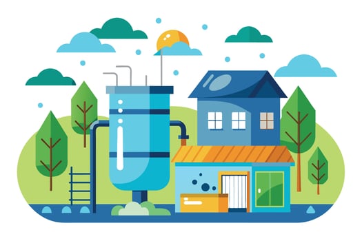 An illustration of a water tower, a two-story house, and trees in a sunny landscape. vector