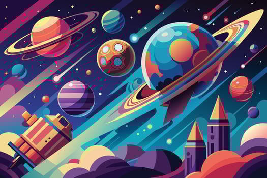 A vibrant illustration depicting a colorful galaxy with multiple planets, stars, and a spaceship soaring through the cosmos. vector