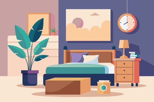 A colorful cartoon illustration depicting a modern bedroom interior with a bed, a nightstand, a houseplant, and a wall clock. vector