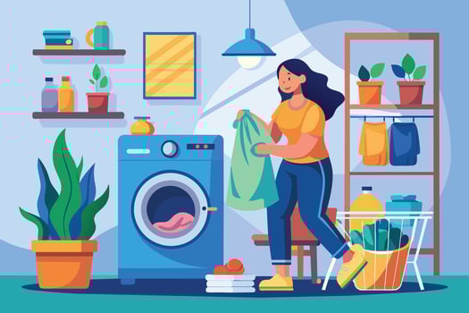 A woman in a yellow shirt and blue pants loads laundry into a washing machine in her home laundry room, with a plant and a shelf of household supplies in the background. vector