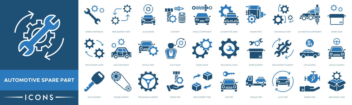 Automotive Spare Part icon. Spare Component, Replacement Part, Auto Spare, Car Part, Vehicle Component, Automotive Gear, Engine and Mechanical Part vector