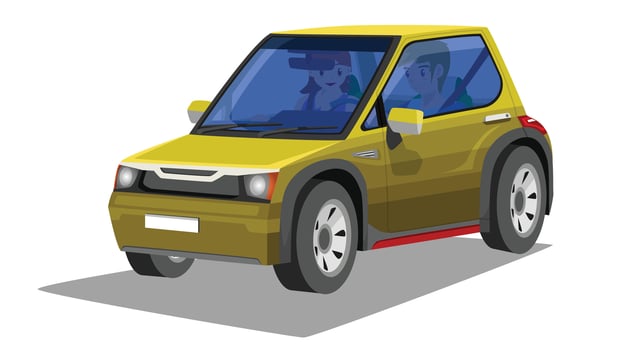 or Illustrator of isometric view of yellow car. Glass transperate can view inside car. Driving man with lover go to travel. On isolated white background for textured. vector