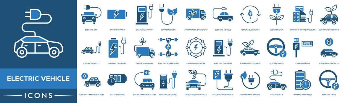 Electric Vehicle icon. Electric Car, Battery Power, Charging Station, Zero Emissions, Sustainable Transport, Electric Vehicle, Renewable Energy and Clean Energy vector