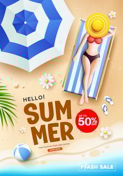 Summer flash sale, Woman sunbathing on sand beach, poster flyer design background vector