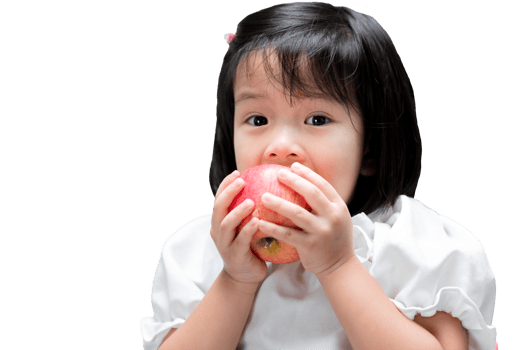Smiling child enjoying a fresh red apple. A cute girl is happily biting an apple. Children eat fruit to stay healthy and strong. Isolated background. png