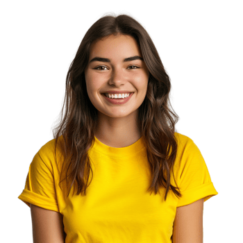 A happy woman wearing a color t-shirt, smiling brightly, isolated on a transparent background png