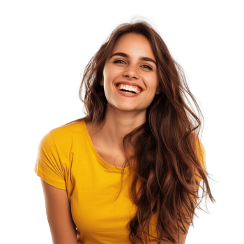 A happy woman wearing a color t-shirt, smiling brightly, isolated on a transparent background png