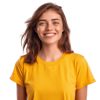 A happy woman wearing a color t-shirt, smiling brightly, isolated on a transparent background png