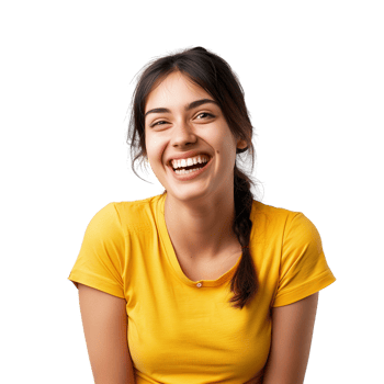 A happy woman wearing a color t-shirt, smiling brightly, isolated on a transparent background png
